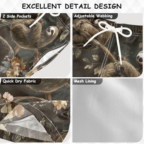 Boys Quick Dry Swim Trunks with Pockets Sloths Retro Floral Beach Shorts for Kids, Toddler Swimsuit Boy3