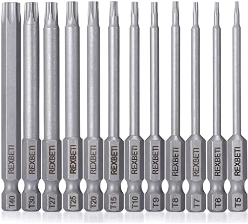 REXBETI 12 Piece Torx Head Screwdriver Bit Set, 1/4 Inch Hex Shank S2 Steel Magnetic 3 Inch Long Drill Bits, T5-T40 (Torx Head)