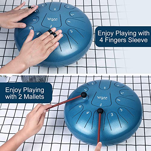Steel Tongue Drum, 13 Notes 12 inches Hand Tongue Drum Percussion Instrument Lotus Pan Drum with Drum Mallets Carry Bag (Blue) - Thumbnail 4