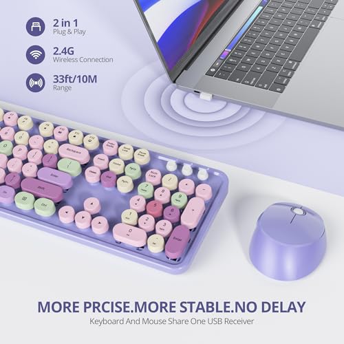 Image of Owpkeenthy Purple Keyboard and Mouse Wireless, Cute Retro Full-Size Cordless Keyboard with Number Pad 2.4 GHz Wireless USB Receiver for Computer /Laptop /Windows /Mac(Coloful Purple)