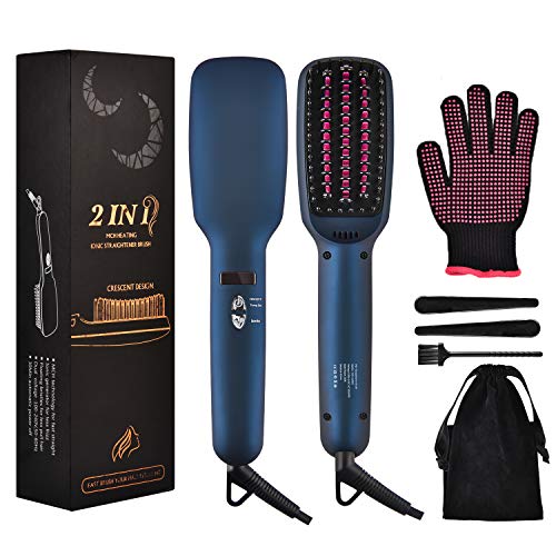 Hair Straightener Brush, 2-in-1 Fast Heating Ionic Straightening Brush, 5 Temperature Settings, Auto Shut-Off, Portable Anti-Scald Hair Straightening Comb for Curly Frizz Hair (Navy)