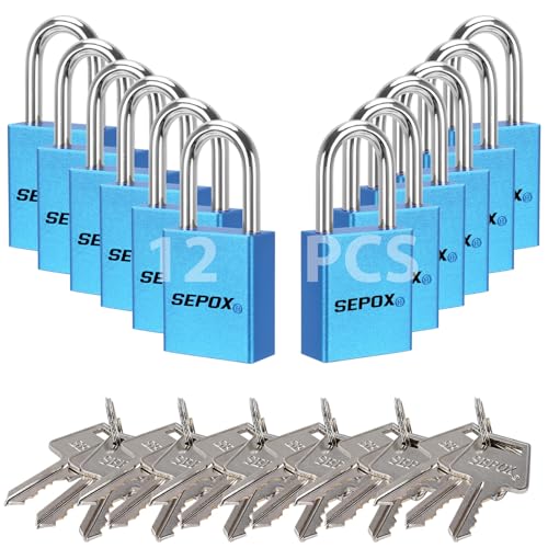 Image of SEPOX 12-Pack Heavy Duty Anti-Rust Padlocks - Blue Aluminum, Keyed Alike (18 Keys Total) for Lockout, Gates, Storage, Lockers & Fences