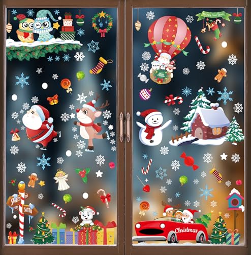 120Pcs Christmas Window Clings Stickers, 9 Sheets Snowflakes Merry Window Decorations with Cute Santa Reindeer Snowflake Patterns for Holiday Decor Home Xmas Party Indoor