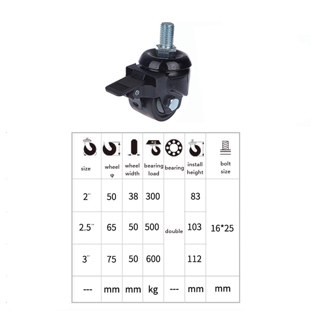Schwerlastrollen 2'' 2,5'' 3 zoll Gewinde M16 Industrielle Rollen 300kg-600kg Niedriger Schwerpunkt Leise Nylon Lenkrollen mit Bremse für Mechanische Ausrüstung Werkbank Transport 4 Stück