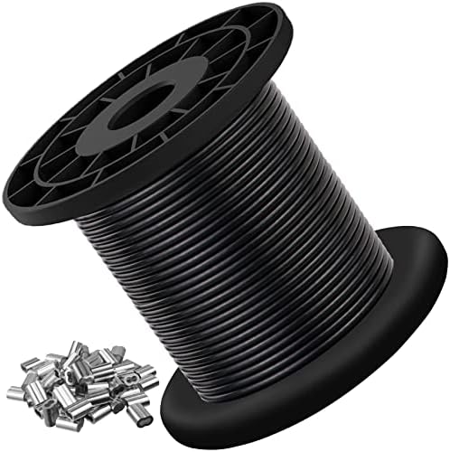 Wire Rope 304 Stainless Steel Wire Cable Black Vinyl Coated, Outdoor Light Guide Wire, Suitable for String Lights, Clotheslines, 1/16 Inch Overmolded to 3/32 Inch 100ft