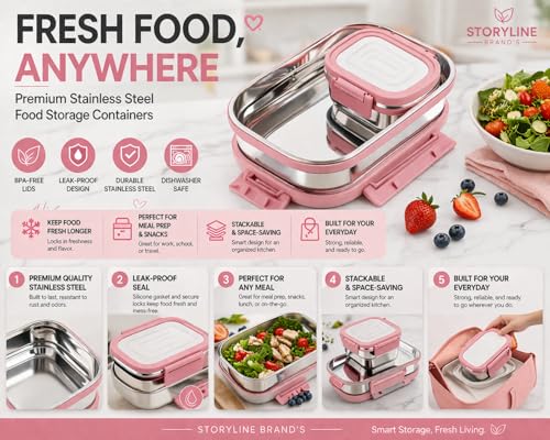Image of CULINARY CRAFTS Stainless Steel Tiffin Lunch Box Container /Dabba with 4 Side Clip Lock Lid for Office & School Use /Food Grade /Air Tight /Easy to Carry /Leak Proof(900ml 1pc + 200ml 1 Pc) Pink
