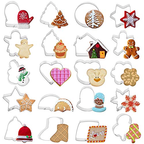 CMTOP Navidad Cortadores de Galletas 20 Piezas Navidad Moldes Metalicos de Fiesta Acero Inoxidable para Reposteria Bizcocho Pastel Cookie Fondant Tarta Horno Formas Navidad Decoración