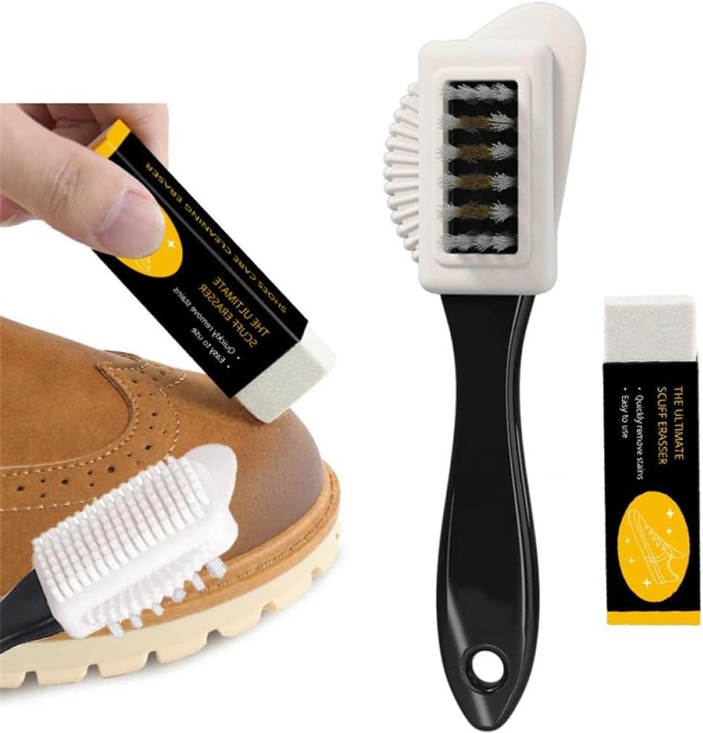 YARDHOBI Suede and Nubuck Leather 4 Way Cleaning Caring Brush, Shoe and Boots Cleaner Essential Kit with Extra 1 Erasers, Horse Hair Shoe Brushes for Polishing, Cleaning and Buffing Leather Shoes