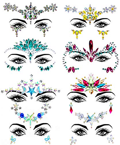Uniyou Face Gems Stick on, Mermaid Face Jewels Stickers, 8 Sets Arylic Rhinestone Sticker for Eyes, Waterproof Face Crystal Makeup for EDC Music Rave Festival, Party Dress-up of ZLXIN