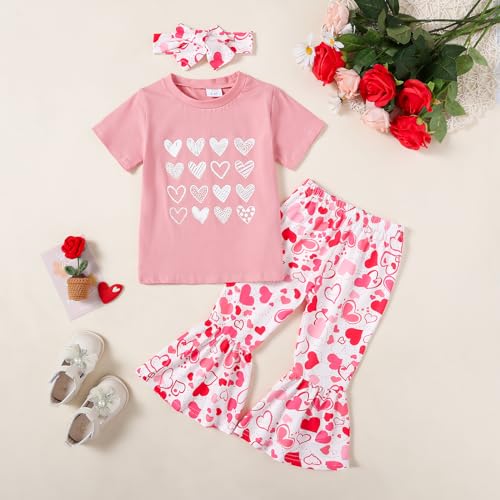 Image of Girl Valentines Day Outfit Letter Tee Shirt Love Heart Bell Buttoms Pants Headband Clothes Set