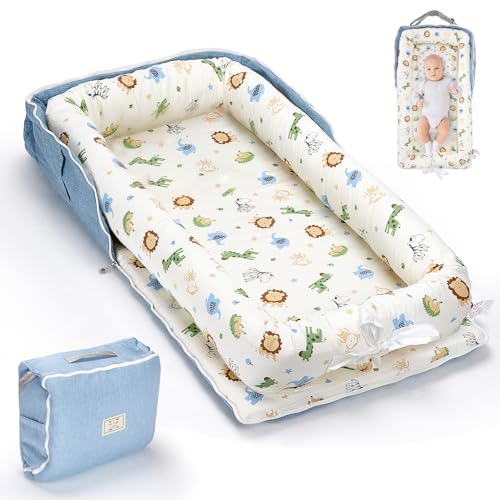 Image of Huggynest Baby Lounger for Newborn, Huggynest Portable Infant Lounger for 0-24 Months Newborn, Home Travel Dual-Purpose Baby Nest (Animal World Blue)