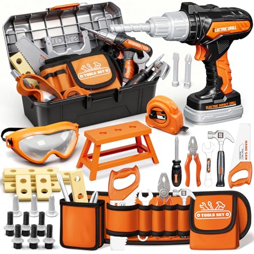 KidBloom Geschenk Junge 3 Jahre Werkzeugkoffer Kinder, 50 Stück Kinderspielzeug ab 3 Jahre mit Werkzeuggürtel Kinder & Akkuschrauber, Spielzeug ab 3 4 5...