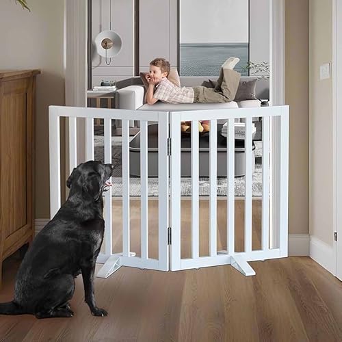 Image of Belief Foldable Wooden Pet Gate for Dogs & Cats - Indoor Safety Barrier for Doorways, Hallways & Stairs | Free-Standing, Portable White Dog Fence - 3 Panel, 60 cm Height (【2 Panels 】 39''W x 24''H)