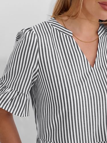 Image of Caracilia Dresses for Women Summer 2026 Striped V Neck Ruffle Sleeve A Line Tiered Flowy Casual Mini Beach Dress with Pockets