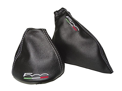 For Fiat 500 2007-15 Shift E brake Boot Gaiter with Plastic Frame Leather "500 Italia" White Embroidery