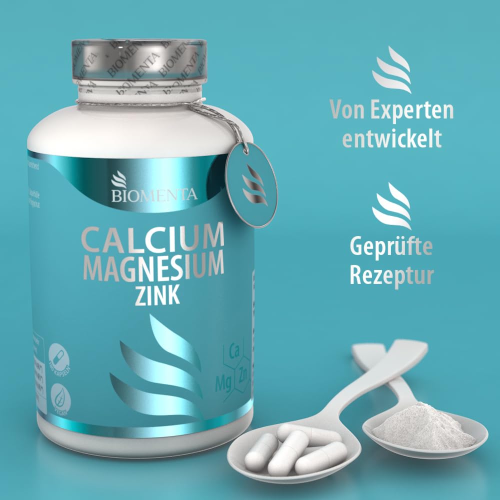 BIOMENTA Calcium + Magnesium + Zink hochdosiert – 180 vegane Multimineralien Kapseln mit je 100% NRV - Premiumqualität