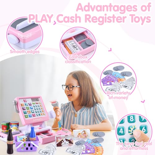 Image of PLAY Kids Cash Register Toy - Pretend Play Calculator Register Toys with Microphone /Conveyors /Play Money /Scanner /Credit Card /Cans /Drink, 3+ Toddler Develops Early Math Skills Learning Toys