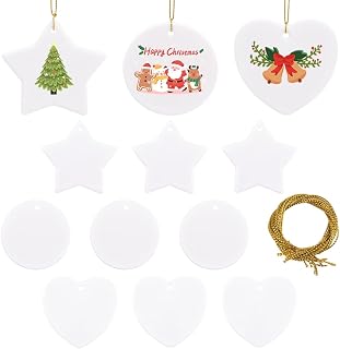 12Pcs 3 Styles Sublimation Ceramic Ornaments Bulk Ceramic Christmas Ornaments Blank with Gold String White Heart Star Heat Press Printing Round Porcelain Discs for Xmas Tree DIY Decor Gift