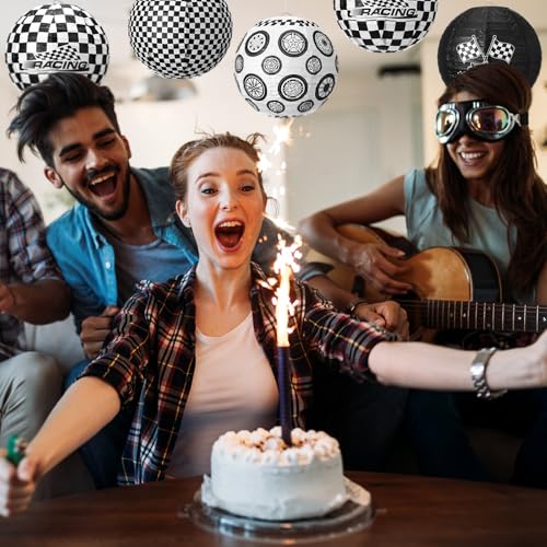 Image of VIHOSE 12 Pieces Black and White Checkered Paper Lanterns Race Car Party Decorations 8 Inch Checkered Flag Hanging Round Paper Lanterns for Checkered Flag Party Birthday Indoor Outdoor Supplies