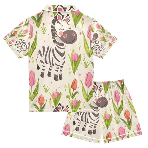 senya Cartoon Cheerful Zebra Satin Summer Pajama Sets Silk Short Sleeve Button Down Sleepwear2