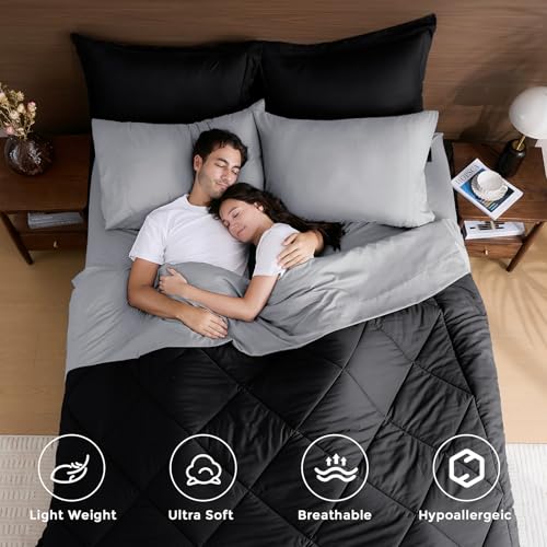 HEVUMYI King Comforter Set - 7-Piece All Season Bed in a Bag King, Ultra Soft Bedding Set with Comforter, Flat Sheet, Fitted Sheet, Pillowcases, Pillow Shams, Black & Light Grey