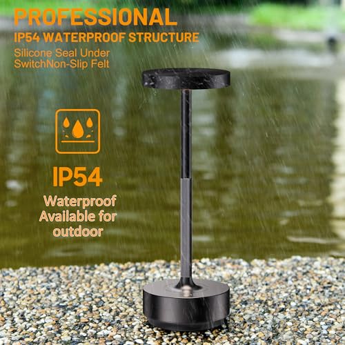 SAKRINGT 2 Pack Rechargeable Cordless Table Lamp - Battery Operated LED Portable Table Light with 3 Color Stepless Dimming, Memory Function - IP54 Waterproof for Outdoor, Restaurant, Patio, Camping
