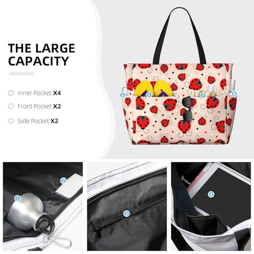 Red Ladybug Print Large Beach Tote Bag for Women Extra Large Capacity Sandproof Waterproof Pool Bag Suitable for Swimming Pool Gym Groceries Travel3