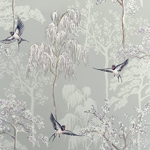 Japanese Garden Wallpaper Birds Tress Floral Grey Lilac