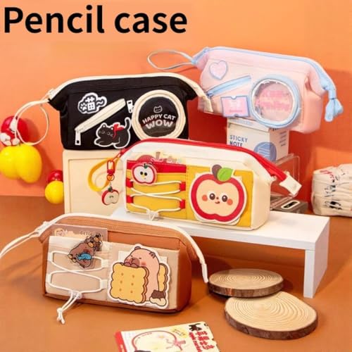 Image of Zqiue Cute Cartoon Pencil Pouch with 5 Compartments, Large Capacity Zipper Pen Case with Front Pocket & Straps, Multi-Storage Stationery Organizer for School Girl & Boy