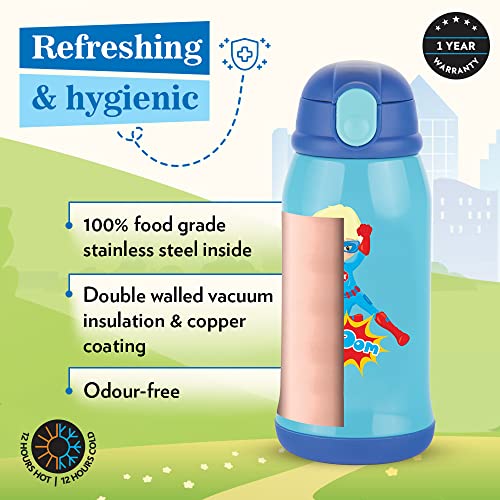 Image of Borosil Superhero 500 ml Stainless Steel Kids Sipper Water Bottle | Double Wall Vacuum Insulated Flask | 12 Hours Hot & Cold | Leakproof, BPA Free | 1 Year Warranty, Blue