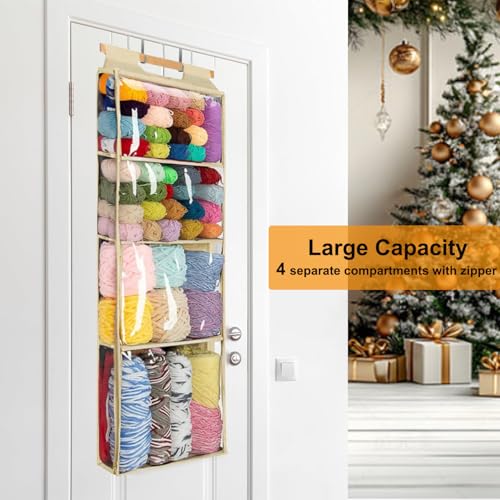 Image of KSORUSL Hanging Yarn Storage Organizer with 4 Large Pockets, Hanging Yarn Holder with Over-Door Hook for Knitting Needles Crochet Hooks, Clear Crochet Storage Bag with Zipper for Crochet Lovers