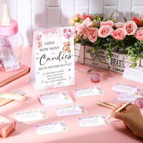 Roowest YAN-ROOWEST-4864 62 Pcs Baby Shower Games Guess How Many Candies Are In The Jar Game Sign 50 Small Guessing Games 10 Hb Pencils And 1000 Ml Milk Bottle thumb #4