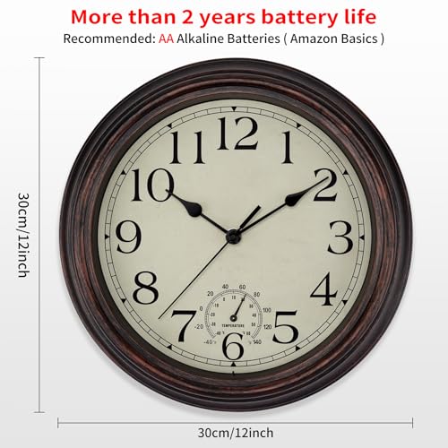 Image of Foxtop Indoor Outdoor Waterproof Wall Clock with Thermometer, 12 Inch Retro Silent Non-Ticking Battery Operated Quartz Round Outdoor Clocks for Patio Pool Bathroom Porch (Bronze)