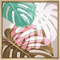 SIGNWIN Framed Canvas Wall Art Gold, Green and Pink Monstera Deliciosa Leaves Botanical Plants Digital Art Modern Art Tropical Closeup Colorful for Living Room, Bedroom, Office - 16x16 inches