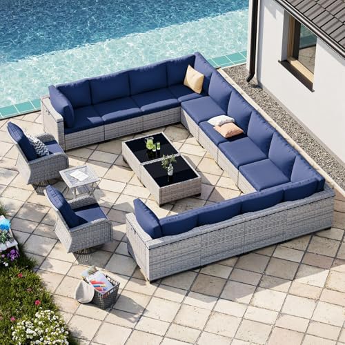 Image of Outdoor PE Wicker Rattan Modular Patio Sectional Sofa Set | 17-Piece: 12 Modular Seats, 2 Coffee Tables, 2 Swivel Rocking Chairs & Side Table, Navy Blue