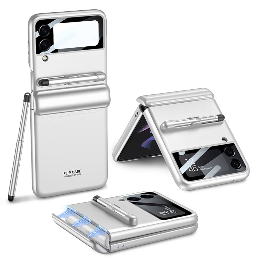 YAKVOOK Case for Samsung Galaxy Z Flip 3,Magnetic Hinge Protection with Pen Tray Capactitance Pen Glass Camera Lens Protector Magnetic Cover Hard PC Case for Samsung Galaxy Z Flip 3 5G (Silver)