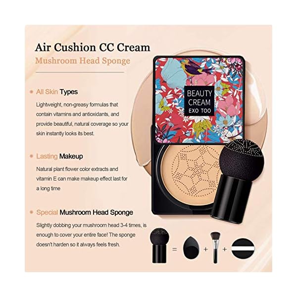 Air-Cushion-CC-Cream-Mushroom-Head-Foundation-Moisturizing-BB-Cream-Long-Lasting-Matte-Concealer-with-2PCS-Mushroom-Head-Sponges-Natural Mushroom Head Air Cushion CC Cream Foundation,Beauty Cream EXO TOO Moisturizing BB Cream, Long Lasting Matte Concealer with 2PCS Mushroom Head Sponges (Natural)