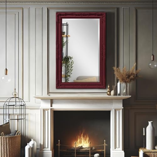Image of Howard Elliott Collection Queen Ann Rectangular Glossy Burgundy Wall Mirror, Rectangle Hanging Wood Framed Vanity Mirrors for Home Decor, Living Room, Bathroom, Bedroom, or Hallway, 24 x 36 Inch