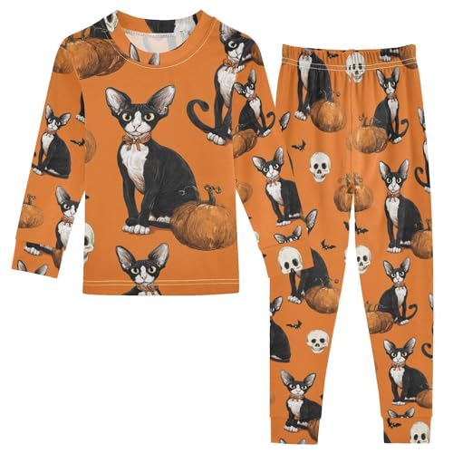 Fustylead Halloween Cornish Rex and Skull Pumpkin Cotton Pajamas, Snug Fit Long Sleeve Soft Sleepwear Pjs