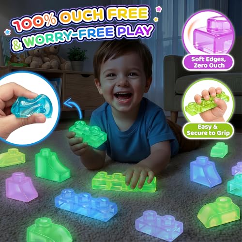 Image of 57PCS Soft Glow in The Dark Building Blocks for Toddlers, Dream City | Preschool Educational Creative Play, Montessori Squeezable, Stretchable Early Learning Construction Playset, Puzzle Blocks