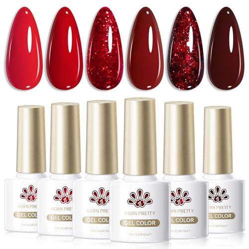 Born Pretty Red Gel Nail Polish Set 6Colors Valentines Day Dark Burgundy Wine Red Bloody Mary Collection Popular Shimmer Glitter Nail Gel Nails Art Design Minicure DIY Salon and Home 7ml