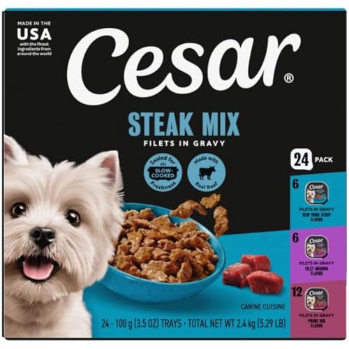 Cesar Filets in Gravy Adult Wet Dog Food Variety Pack, Filet Mignon, New York Strip, and Prime Rib Flavors, 3.5 oz. Easy Peel Dog Food Tray, 24 Count (Pack of 1)