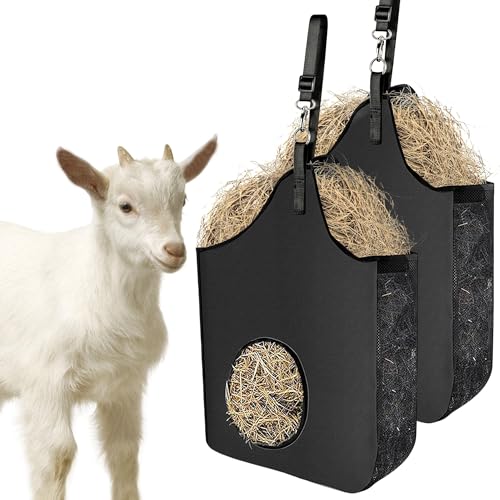 INKNOTE 2 Pcs Hay Bag Hanging Goat Feeder Tote Premium Oxford Cloth with Metal Ring and Adjustable Strap for Horses Donkeys Cows Alpacas Ostriches or Other Animals Black