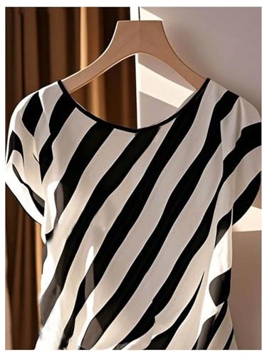 Floerns Women's Chiffon Blouses Tops Striped Mesh Bowknot Round Neck Shirts Short Dolman Sleeve Tie Side Work Blouse2
