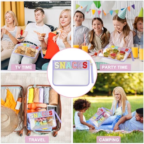 Morcheiong Chenille Letter Bag Cute Clear Zipper Stuff Pouch Portable Multi-purpose PVC and Nylon Makeup Bag with Handle for Travel Gym Beach（Purple Snacks）4