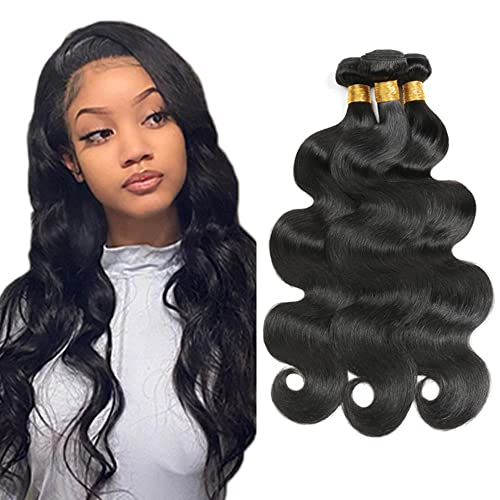 Body Wave Hair Bundles Human Hair 3 Bundles 8 10 12 Inch Double Weft Hair Weave Bundles 100% Unprocessed Virgin Brazilian Body Wave Hair Extensions Natural Black Color