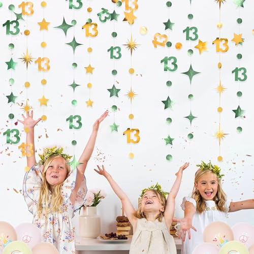 Image of Sage Green Gold 13th Birthday Decorations Number 13 Circle Dot Twinkle Star Garland Glitter Hanging Streamer Banner Backdrop Girls Boys Cheers to 13 Years Old Birthday Official Teenager Party Supplies