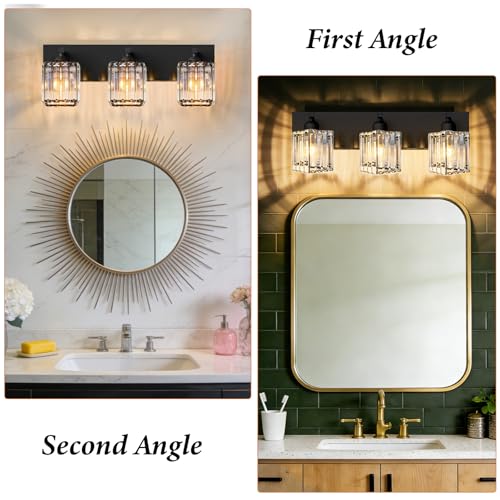 Image of Black Crystal Bathroom Vanity Light, 3-Light Modern Bathroom Lighting Fixtures Over Mirror, Matte Black Wall Sconce Light Fixtures with Square Shade