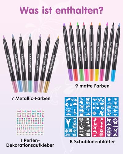 Lictin Temporäre Tattoos, 16 Farben Tatoo Temporäre Markers for Skin, Tattoo Wasserfest für Erwachsene und Kinder, Temporary Tattoo mit Tattoo Schablonen, Temporary Tattoo Body Markers