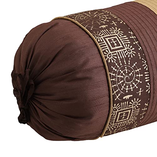 Image of Gifts Island Set of 2 Polyester Silk Traditional Hand-Block Printed & Striped Bolster Covers (Brown)